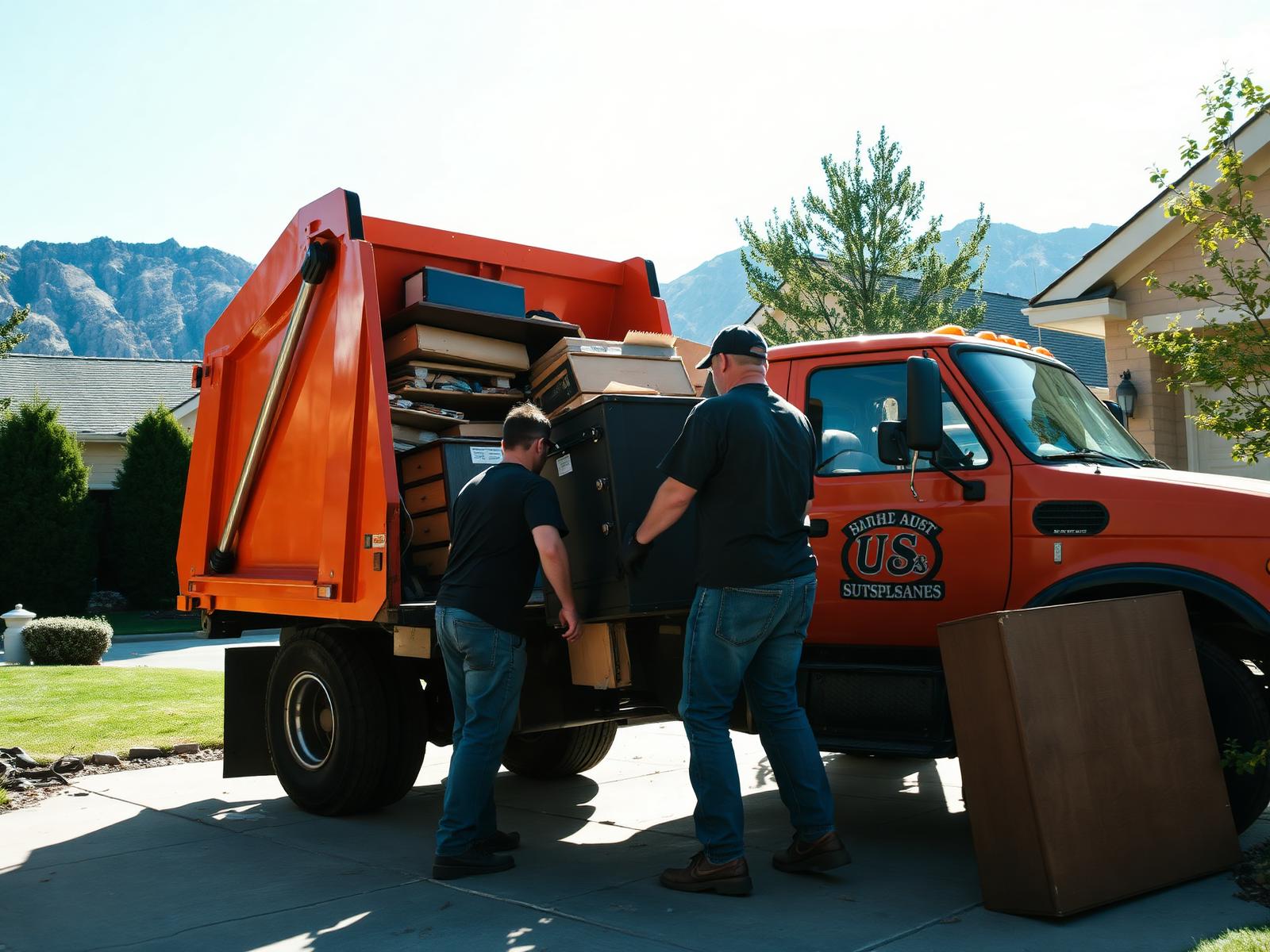 707 Junk Removal crew loading an orange dump truck in a Utah County driveway